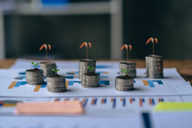 在图表纸上的一叠硬币，上面有树，上面有商业增长的想法图片下载