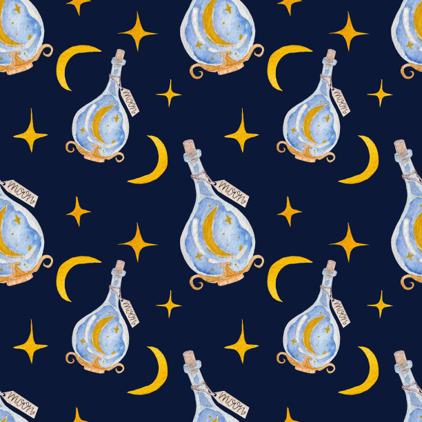 明亮的水彩无缝图案，魔瓶与月亮药水，星星在黑暗的背景。图片下载