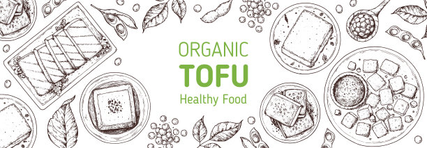 豆腐顶视图框架。手绘矢量插图。豆腐草图。亚洲食品。大豆草图。豆腐烹饪。素食食物。复古设计模板。产品设计。非常适合包装，食谱书，菜单。图片下载