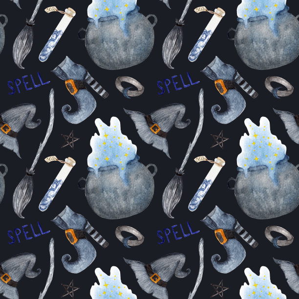 明亮的水彩图案与女巫元素，扫帚，帽子，鞋子，坩埚，药水和戒指在黑暗的背景。图片下载