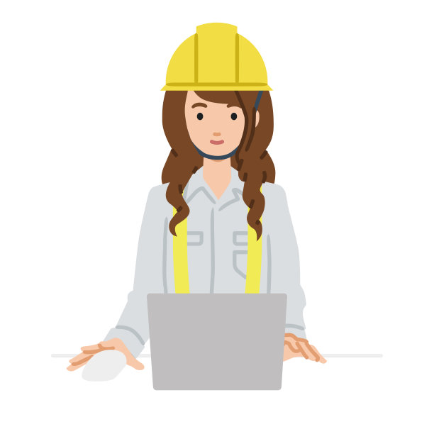 一名在建筑工地工作的妇女在办公桌上使用笔记本电脑图片下载