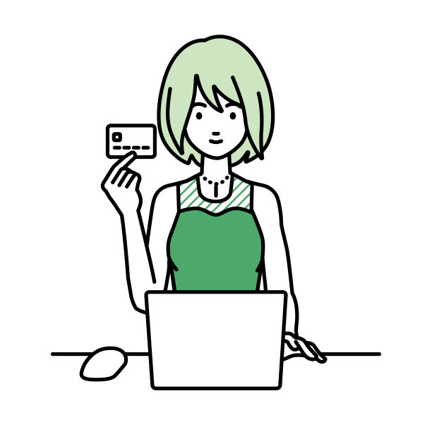 一个穿着衣服的女人坐在桌子前用笔记本电脑，手里拿着一张信用卡图片下载