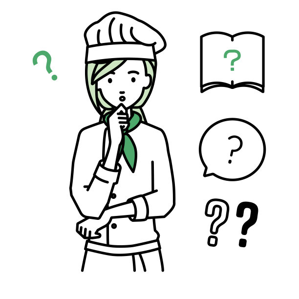 一个女厨师拿着一个问题站在她的手指在她的下巴问号设置图片下载