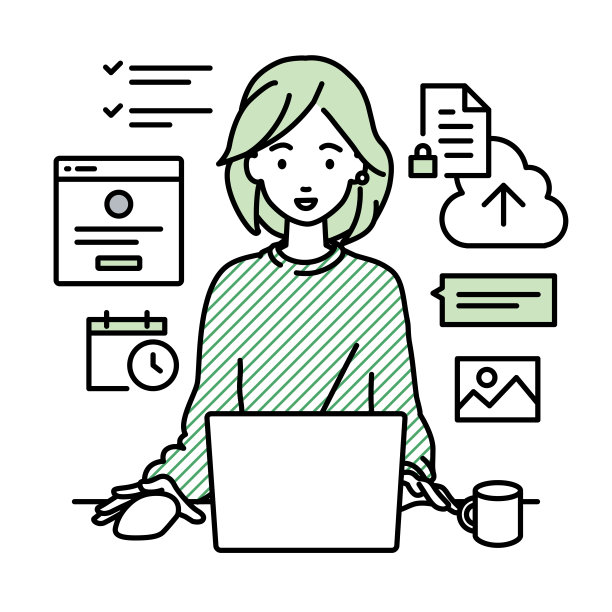 一个休闲风格的女人用笔记本电脑浏览网站，研究，在云上共享文件，安排，管理项目，组织任务，和团队在她的办公桌上用马克杯交流图片下载