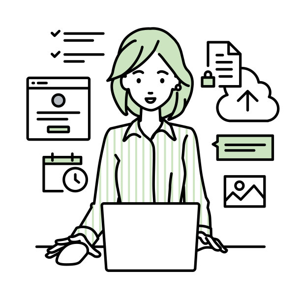 一名穿着衬衫的女士在办公桌前使用笔记本电脑浏览网站、搜索资料、在云端共享文件、安排日程、管理项目、组织任务以及与团队沟通图片下载