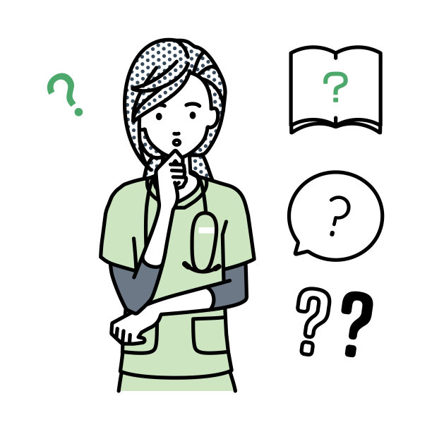 一个女护士拿着一个问题站在她的手指在她的下巴问号设置图片下载