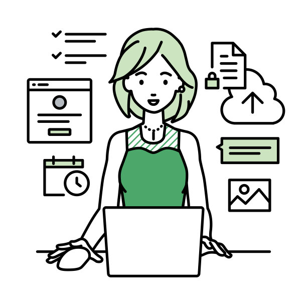 一个穿着衣服的女人在她的办公桌上用笔记本电脑浏览网站、搜索资料、在云端共享文件、安排日程、管理项目、组织任务以及与团队沟通图片下载