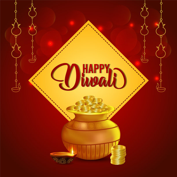 排灯节庆祝快乐的贺卡与硬币罐图片下载