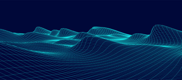 数字景观线框。线框地形多边形景观设计。数字网络空间在有山谷的山区。矢量插图。图片下载