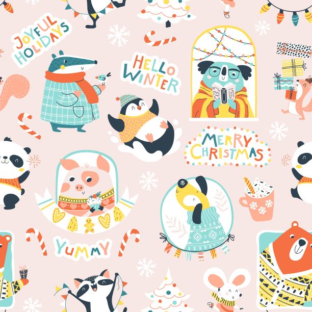 圣诞无缝模式与可爱的动物在米色背景与滑稽的短语。矢量涂鸦插画在简单的幼稚手绘卡通斯堪的纳维亚风格。有限的调色板。图片下载
