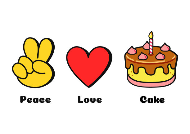 和平，爱，蛋糕概念印t恤。矢量卡通涂鸦线图形插画标志设计。和平标志，心，蛋糕印刷海报，t恤，标志概念图片下载