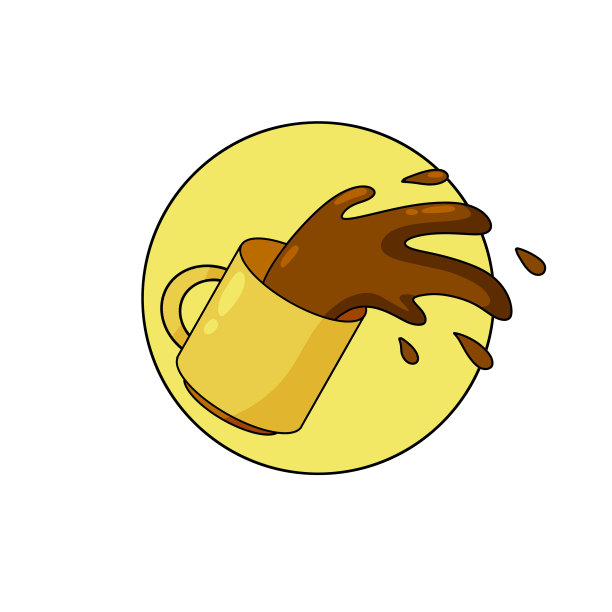 打翻了一杯咖啡。喷雾和下降。厨房操作草率。喝含咖啡因。卡通插图。图片下载