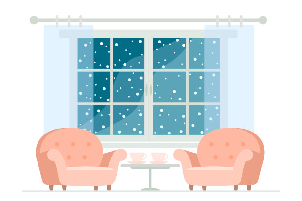 窗户与夜晚的雪景背景和两个舒适的扶手椅图片下载