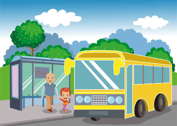 男孩在公共汽车站帮助老叔叔图片下载