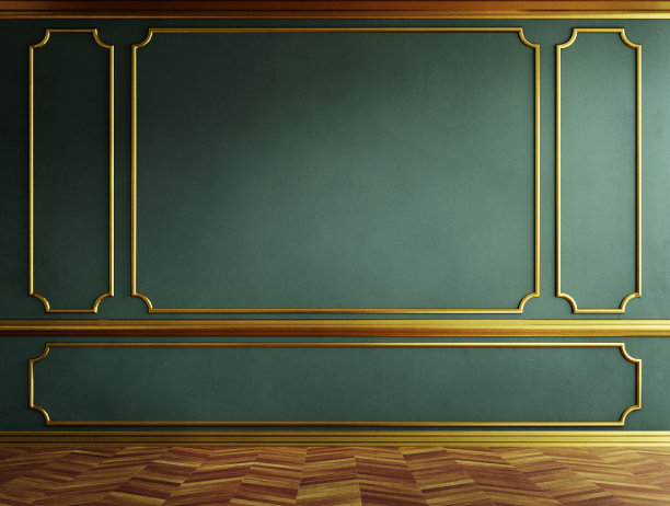 豪华的房间内部，金色的装饰和蓝色的墙在复古风格。图片下载