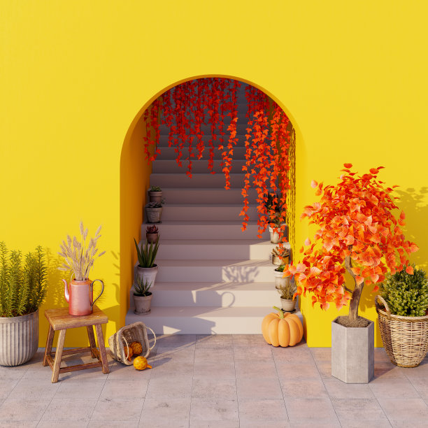 通道有楼梯和秋天的季节性装饰，南瓜和五颜六色的植物。感恩节背景3d渲染图片下载