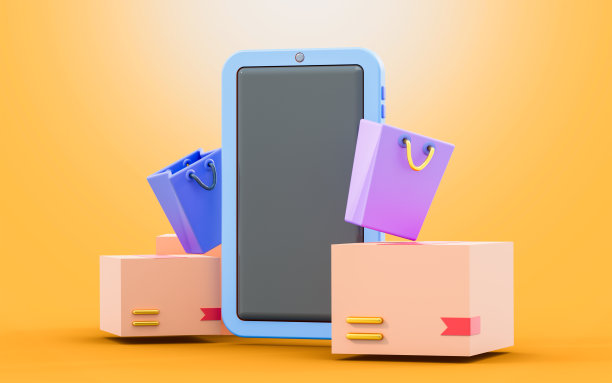 智能手机标牌与购物袋包裹盒3d渲染的概念图片下载