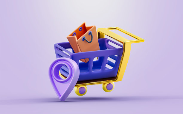 购物车与袋子位置标识3d渲染概念的超市图片下载