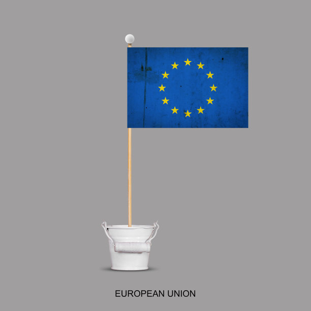 在小桶里的一根棍子上的欧盟旗帜。孤立在灰色背景上。标志和符号。旗帜。设计图片下载
