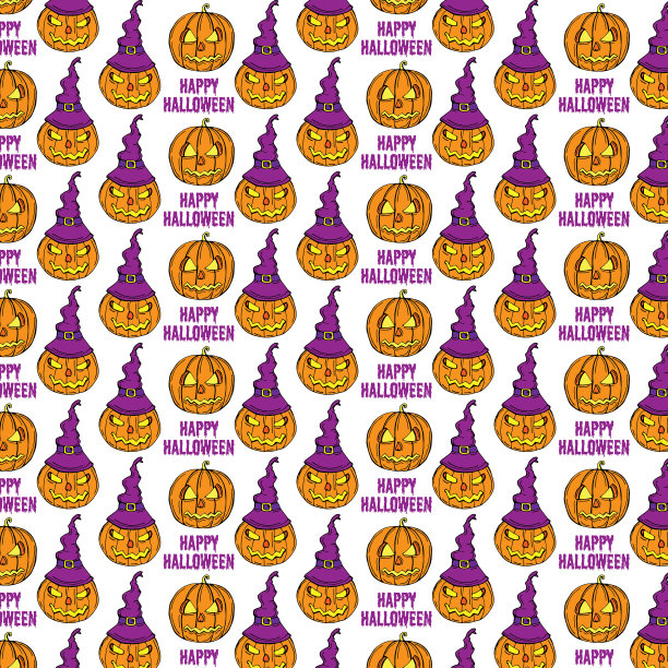 万圣节卡通南瓜图案背景。矢量快乐万圣节贺卡和不给糖就捣蛋的派对无缝设计的南瓜灯骷髅怪物火眼睛和邪恶的脸雕刻图片下载