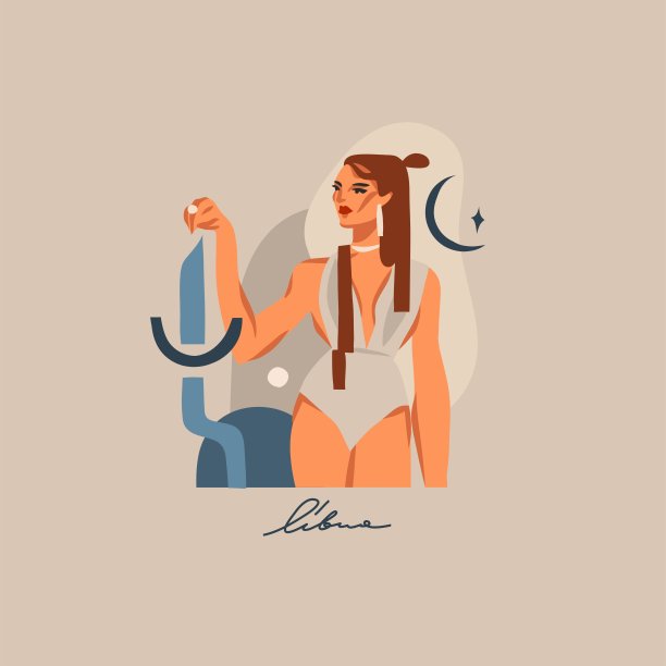 手绘矢量抽象图形占星术插图与现代，艺术的波西米亚星座天秤座的当代印刷模板。十二宫成年女性角色设计。时尚神奇符号概念。图片下载