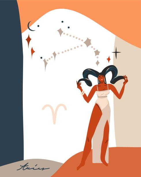 手绘矢量抽象图形占星术插图与现代，艺术的波西米亚星座白羊座的当代印刷模板。十二宫成年女性角色设计。时尚神奇符号概念。图片下载