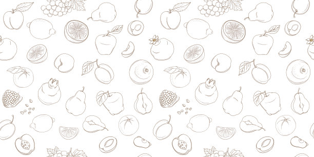 轮廓手绘无缝彩色水果图案(扁平风格，细线)。桃子，梨，李子，橘子，柠檬，葡萄柚，葡萄，石榴，苹果图片下载