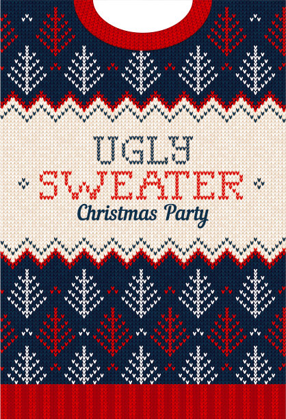 丑毛衣圣诞派对邀请函。针织背景图案斯堪的纳维亚针织饰品。图片下载