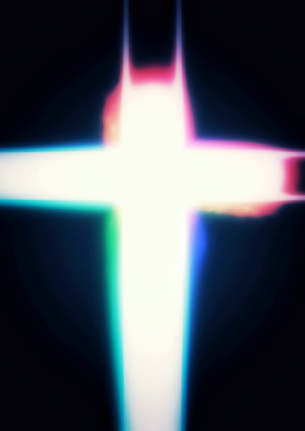 一个彩色光十字架在黑暗中发光的3d插图图片下载