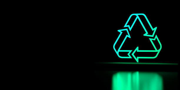 废物回收符号，图标标志与复制空间。霓虹绿色发光标志的废物处理和回收。3 d渲染。图片下载