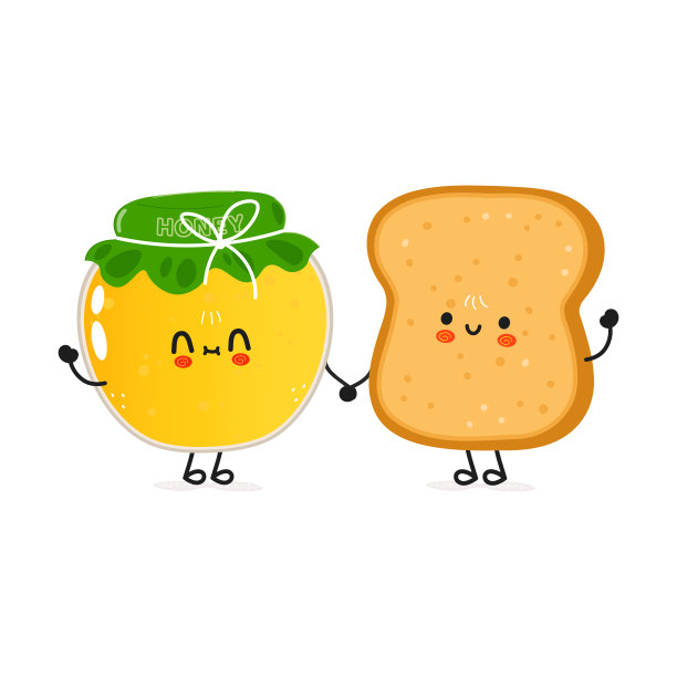 可爱的祝酒词和蜂蜜卡片。矢量手绘涂鸦风格卡通人物插画图标设计。幸福面包和蜂蜜的朋友概念卡图片下载