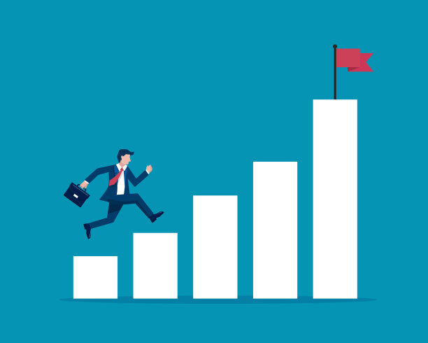 商人跳向红旗。为成功一步步实现目标。动力图业务成长标志。被隔离在蓝色背景上。矢量插画在平面风格的现代设计。图片下载