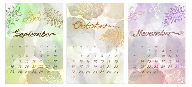 2022年秋季月历模板。九月，十月和十一月。上周星期天开始。绿色，灰色，棕色和紫色渐变彩色飞溅，污渍和叶子图片下载