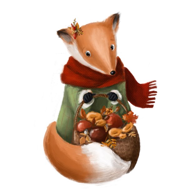 可爱的狐狸用蘑菇篮子，秋天插画图片下载