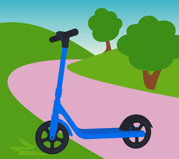 蓝色电动滑板车停在乡村公路上图片下载