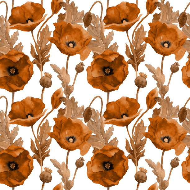 水彩罂粟在复古无缝模式。复古的tapestry窗饰。图片下载