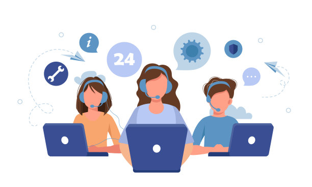 矢量插画，客户服务，热线操作员建议客户，在线全球技术支持，客户和操作员矢量。技术员用“是”的手势。图片下载