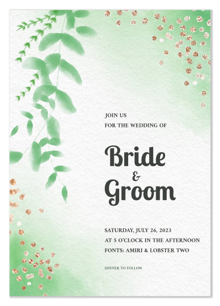 水彩绿色玫瑰金婚礼请帖设计图片下载