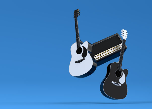 一套电吉他和放大器在蓝色背景图片下载