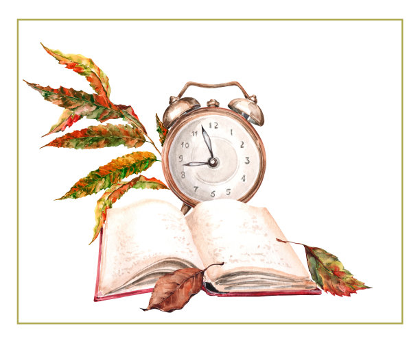 闹钟，翻开书，秋叶躺在桌上。开始上学、工作、上大学。手绘水彩插图在白色背景的卡片，邀请，祝贺，横幅。图片下载