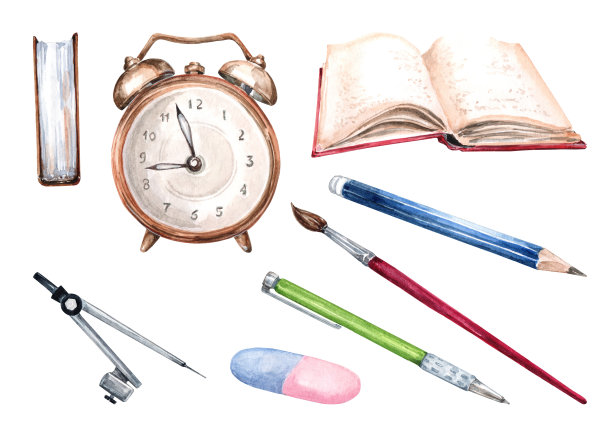 套装孤立元素文具学校用品笔，书，毛笔，铅笔，橡皮，闹钟。办公产品。手绘水彩插图白色背景的卡片，邀请，横幅。图片下载