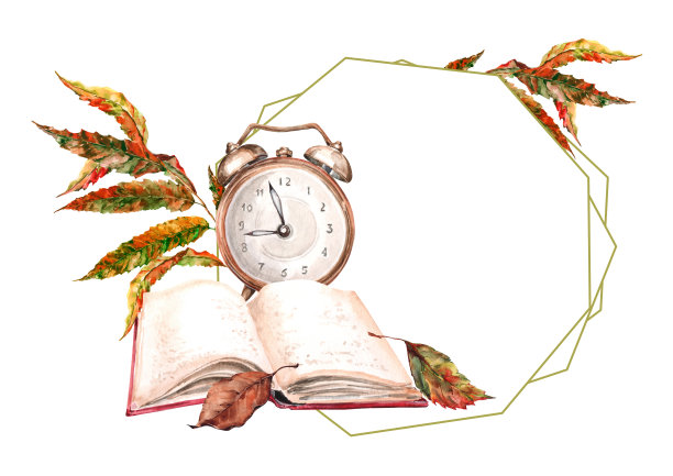 水彩卡闹钟，翻开书，秋叶躺桌上。开始学习，工作，上大学。手绘水彩插图白色背景的卡片，邀请，横幅。图片下载