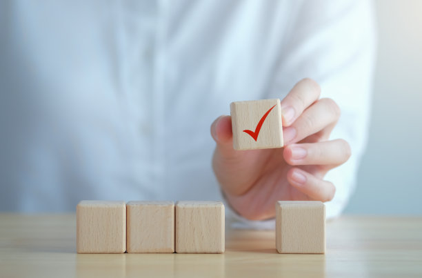 选举和投票，投票，要做的清单，清单，任务清单，调查和评估概念。手握木块上的红色勾标。图片下载