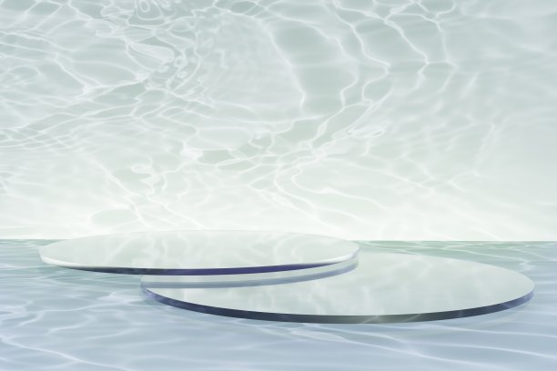 薄荷绿色游泳池的3d渲染与灯光眩光和玻璃平台设置图片下载