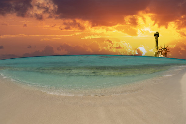 后启示录海滩与自由女神像美国纽约市人猿星球风格图片下载