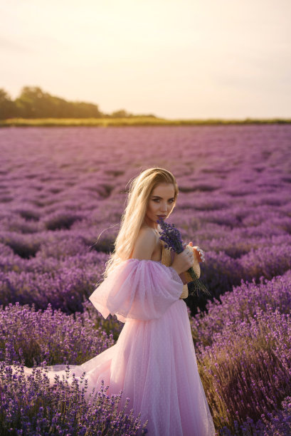 薰衣草田里的年轻女子图片下载