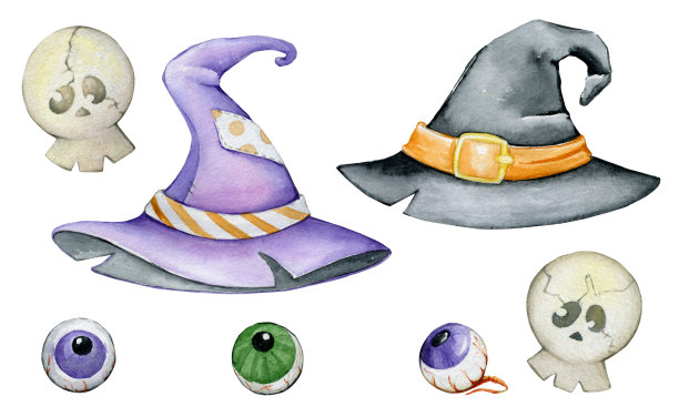 帽子，眼睛，骷髅头，水彩画的元素集，为万圣节节日。图片下载