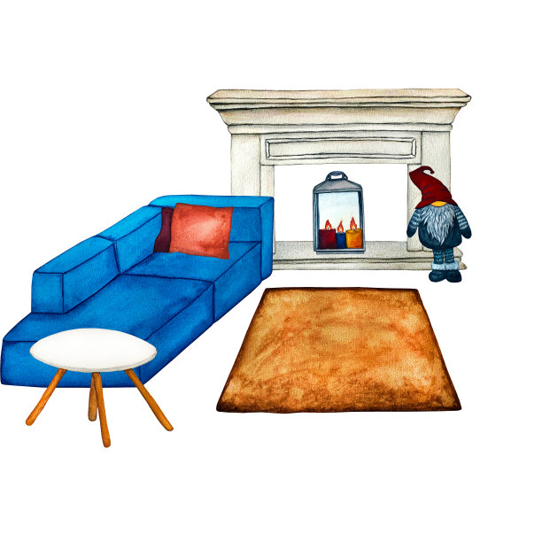 客厅设计与自然中性室内-水彩插图。图片下载