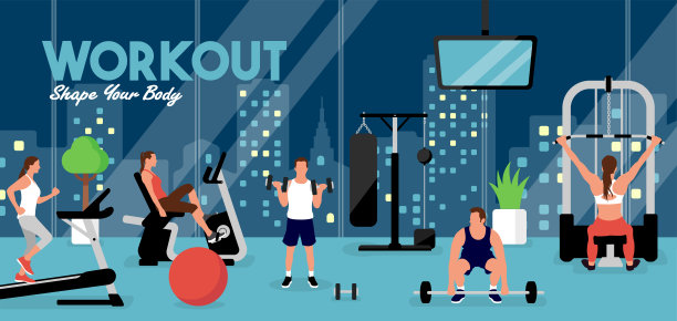 人们在健身房锻炼。水平矢量横幅插图(晚上)图片下载