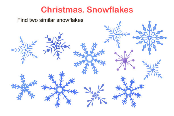 找两个类似雪花的儿童教育活动，冬季益智游戏，简单的水彩画插图工作表的乐趣和休闲时间，圣诞节，新年节日庆祝图片下载